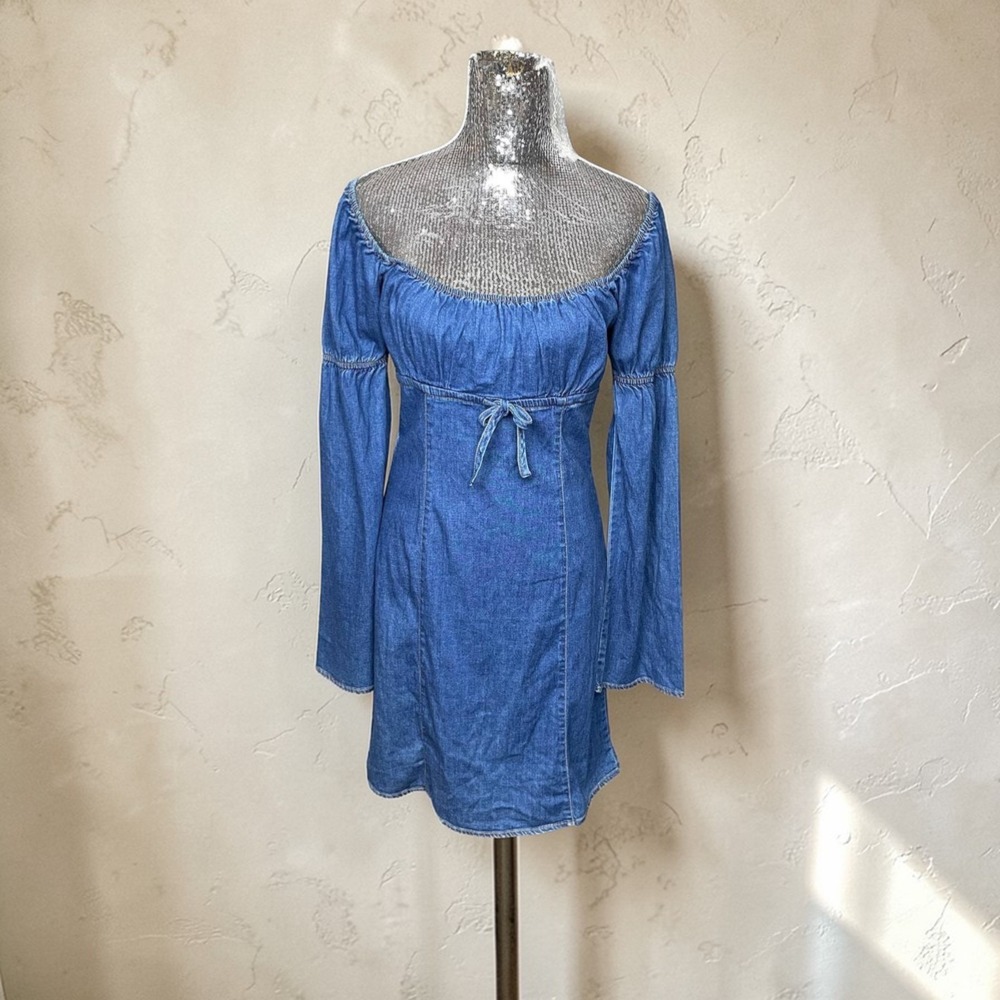 Rampage‎ Y2K Denim Milkmaid Bell Sleeve Mini Dress Empire Waist Boho XS Party